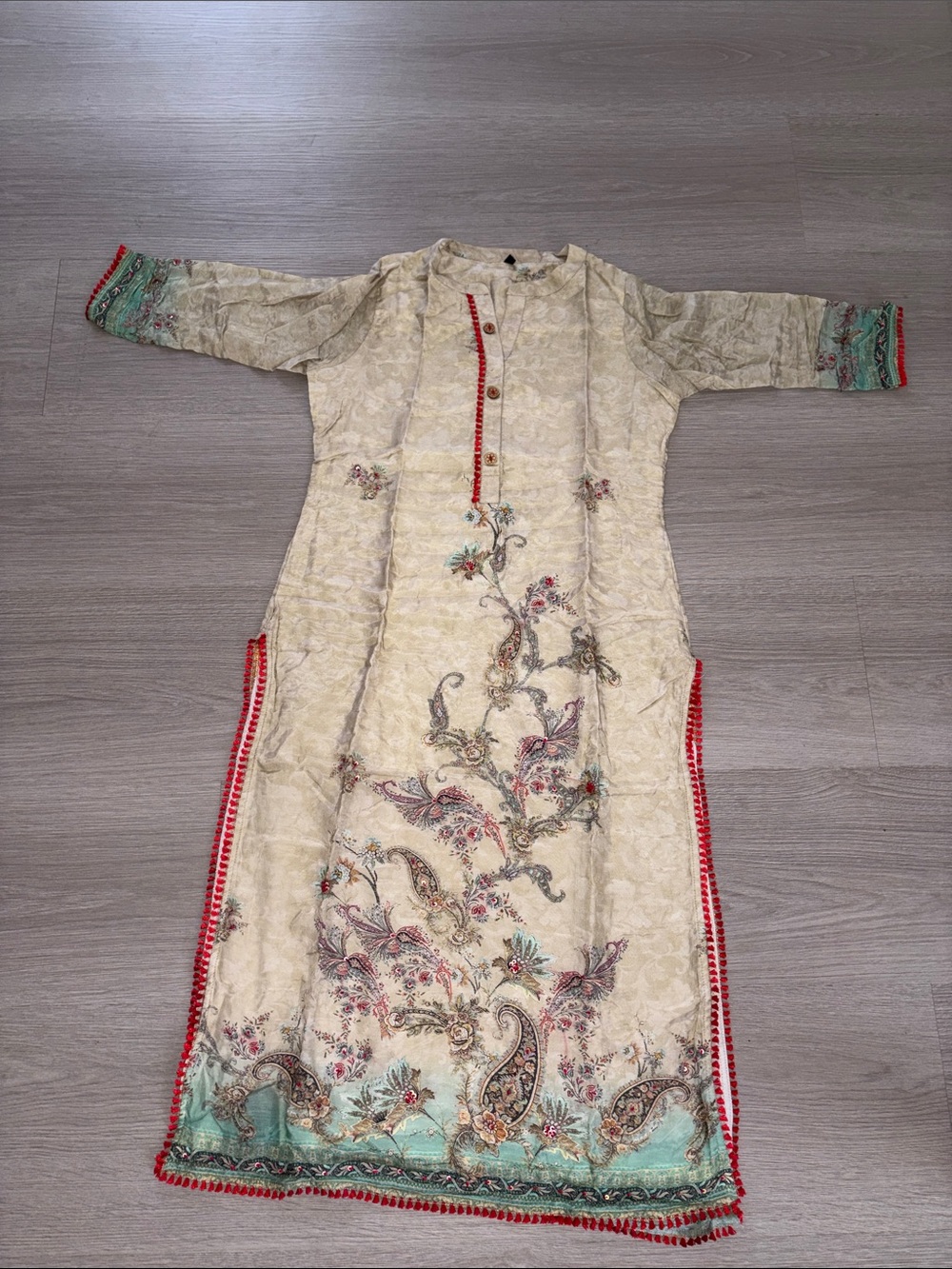 Unbranded Cream Embroidered Long Sleeve Dress with Teal Accents